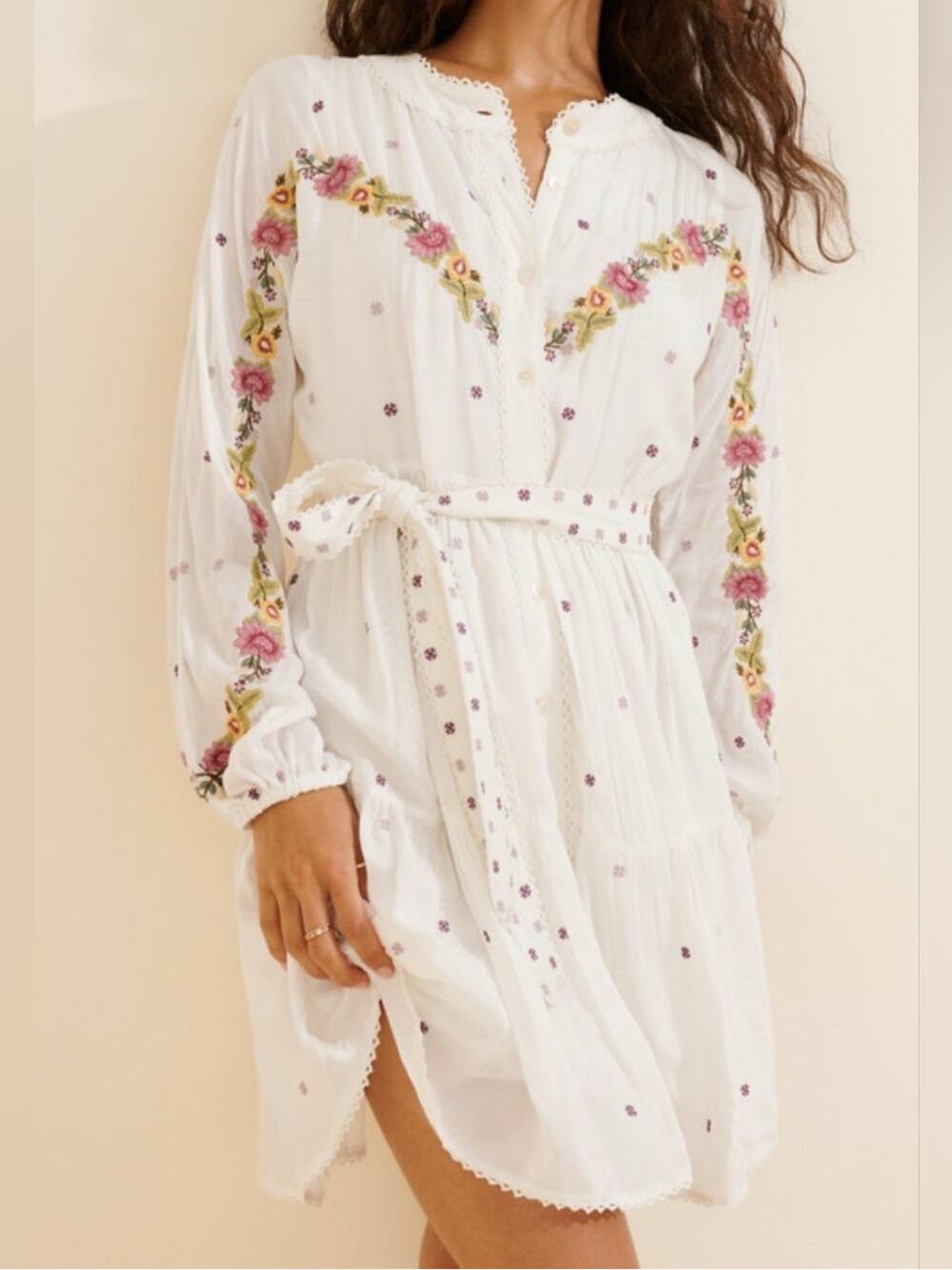 Shruti Sancheti Women's White Floral Embroidered Peasant Slip Dress Size XL